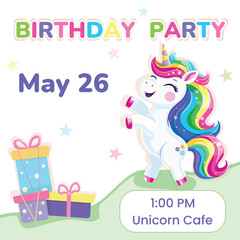 Birthday party invitation. Template with cute and happy unicorn with multi-colored hair and gifts on white background. Poster, Banner, Flyer. Vector illustration in flat cartoon style