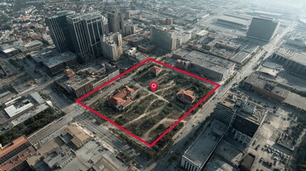 Drone view of a city highlighting redevelopment zones with digital layers, identifying real estate opportunities