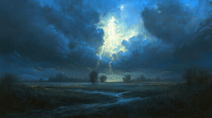 Dramatic sky explodes with lightning over a dark landscape of fields and trees