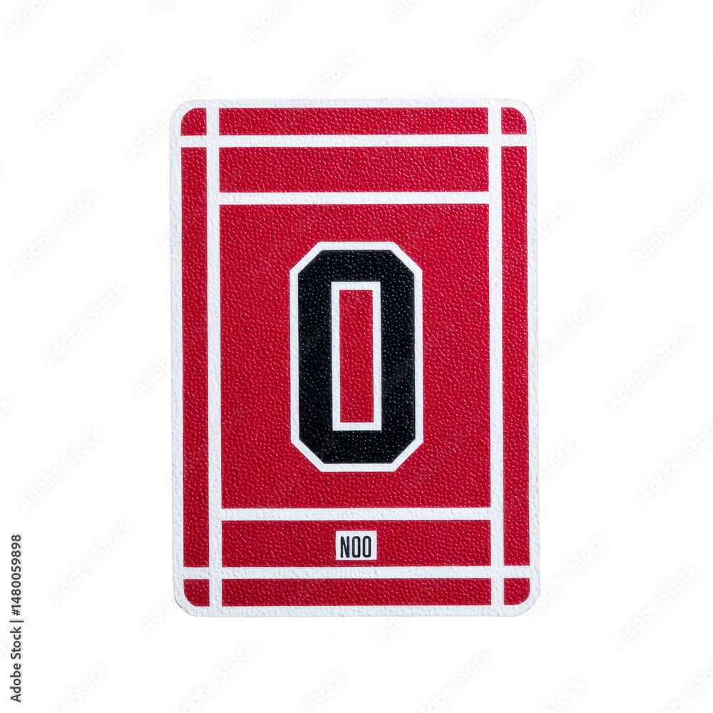 Poster red playing card with bold black and white number zero in center, surrounded by white lines on textu