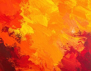 A vibrant abstract painting featuring dynamic swirls and splashes of orange and yellow hues, creating a warm, energetic atmosphere full of movement.