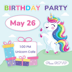 Birthday party invitation. Template with cute and happy unicorn with multi-colored hair and gifts. Poster, Banner, Flyer. Vector illustration in flat cartoon style