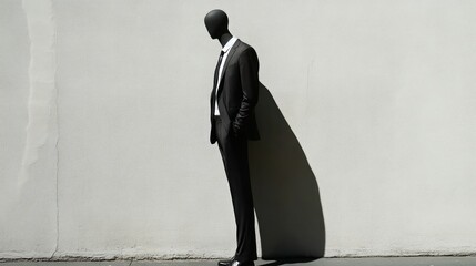 An enigmatic mannequin stands, bathed in light against textured wall