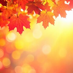 A vibrant autumn background featuring a cascade of bright red maple leaves, gently falling against a soft, blurred backdrop of golden hues and warm sunlight.
