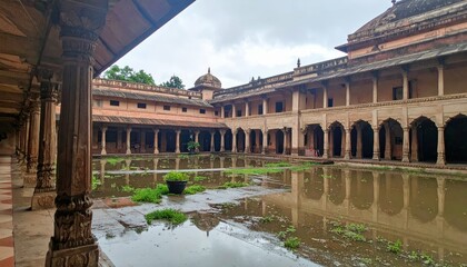 Fototapeta premium Ancient Courtyard with Water Reflection and Lush Greenery Scene