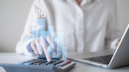 Fototapeta premium Businessman person using calculator finance chart graph investment document in office data laptop tax budget concept