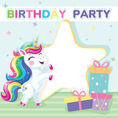 Birthday party invitation. Template with cute and happy unicorn with multi-colored hair and star. Poster, Banner, Flyer. Vector illustration in flat cartoon style