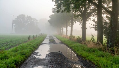 Serene Country Road Surrounded by Fog and Lush Greenery