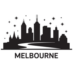 Obraz premium Melbourne skyline horizontal. Black and white silhouette of Melbourne, Australia. Vector template for your design. Vector black silhouette. with white background
