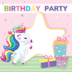 Birthday party invitation. Template with cute and happy unicorn with multi-colored hair and star. Poster, Banner, Flyer. Vector illustration in flat cartoon style