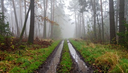 Pathway Through Misty Forest in Autumn with Waterlogged Ground