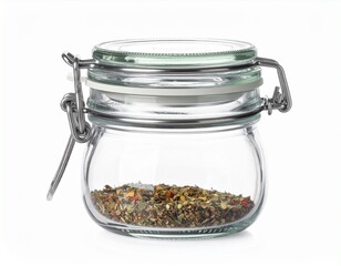 Glass jar holding dried herbs and spices, lid secured with a metal clasp, white background