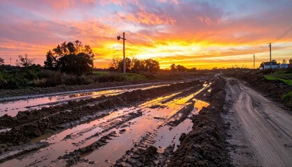 Dramatic Sunset Over Muddy Agricultural Road with Reflections