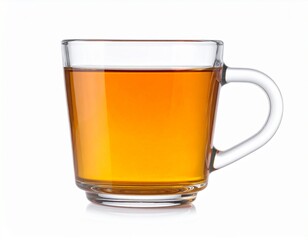 Clear mug filled with amber liquid, sits on white. Handle is on the right