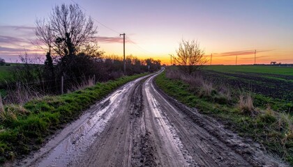 Serene Muddy Country Road at Sunset with Vibrant Sky Colors