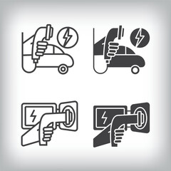 Obraz premium Artistic design of car charger connector and plug in. Simple linear and flat electric charging icon set.
