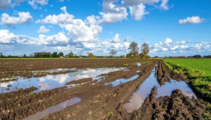 Marshy Farmland with Cloudy Sky and Tractor Ruts in Springtime