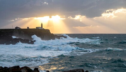 Seaside lighthouse on a cliff with sun rays shining through the clouds and waves crashing on rocks