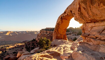 Desert arch at dawn, framing distant dunes under a clear sky in a vast, arid landscape