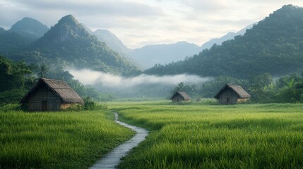 Obraz premium Serene morning walk through lush green rice fields mountain village landscape photography tranquil environment high angle view