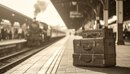 Luggage on a station platform awaits an old-fashioned train's departure