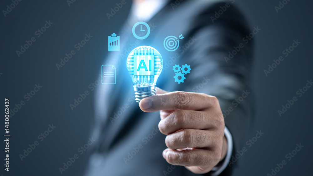 Poster businessman showing a light bulb with an ai symbol. technology innovation on the virtual screen. con