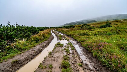 Muddy Path Through Lush Green Landscape Under Overcast Sky