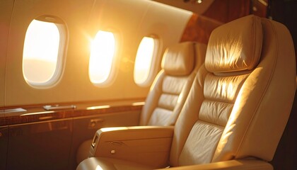 Private jet interior. Soft leather seats and sunshine streaming through windows