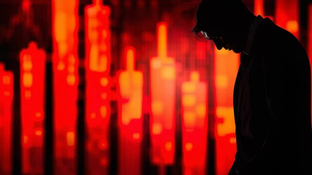 A businessman looking at a red stock market graph with his head in his hands.