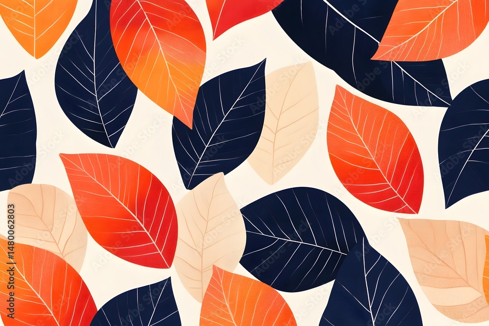 Poster abstract leaf pattern design featuring vibrant autumn colors and a minimalist style.