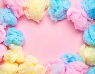 A vibrant assortment of colorful cotton balls, in shades of pink, blue, yellow, and green, beautifully arranged in a heart shape on a soft pink background.