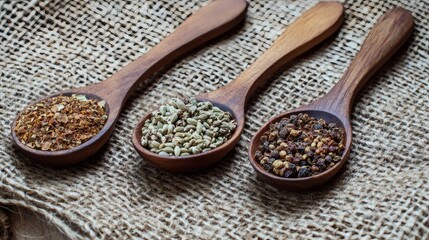 A close-up view features wooden spoons filled with aromatic spices on rustic burlap.