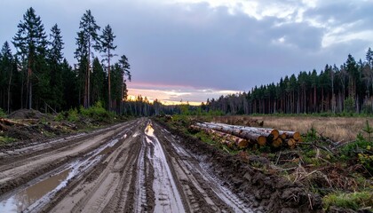 Fototapeta premium Muddy Forest Road with Timber Logs and Sunset Sky at Dusk