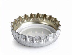Silver bottle cap rests upside down, showing the inner lining and jagged edges, casting a soft shadow