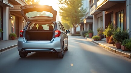 Small Hatchback Car with Open Trunk on Urban Street
