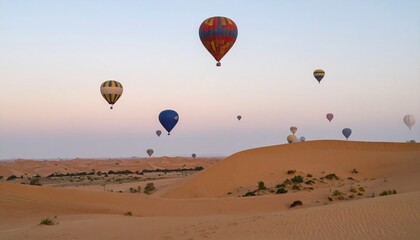 Balloons float over a desert landscape at dawn, painting the sky with colorful shapes