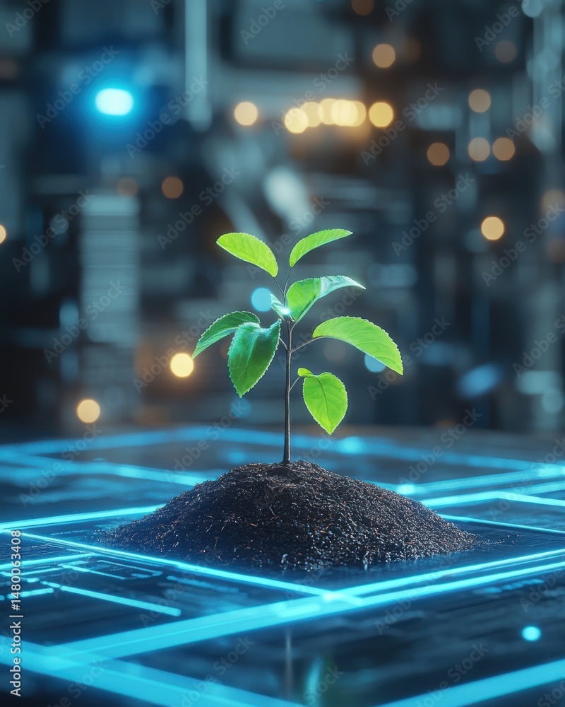 Poster sprout growing from soil on circuit board low angle shot symbolizing technology and nature integrati