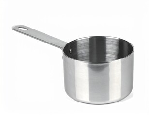 Silver metal saucepan with long handle, sitting on a white surface, against a plain background