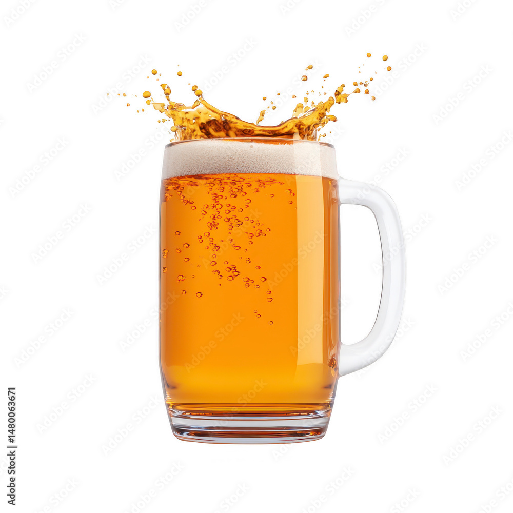 Poster frothy mug of beer with splash effect, showcasing bubbles and foam, isolated on transparency backgro