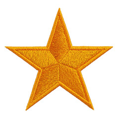 Golden embroidered star with detailed stitching, showcasing five pointed design. texture highlights intricate needlework, creating sense of craftsmanship and elegance