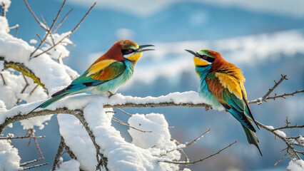 two colorful birds perched on snowy branch