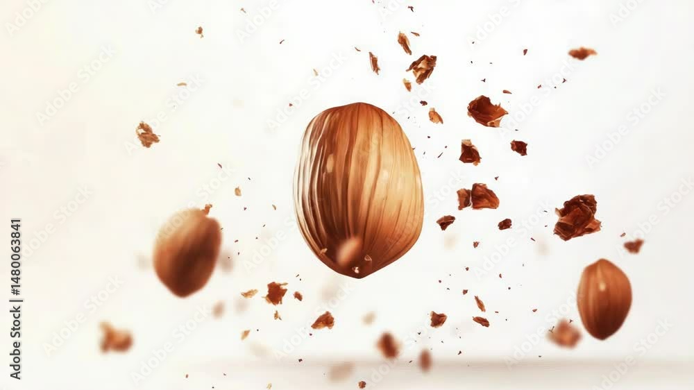Poster a detailed view of a solitary nut on a white background, suitable for use in product or still life p