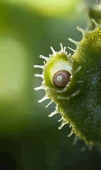 Tiny snail shelters within a vibrant green spiky plant, creating a unique closeup scene