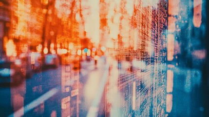 Abstract urban scene with blurred figures and vibrant colors.