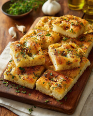 Focaccia bread cut into rustic squares sprinkled with fresh herbs and garlic on wooden board, showcasing golden crust and soft texture, evoking warm and appetizing feeling
