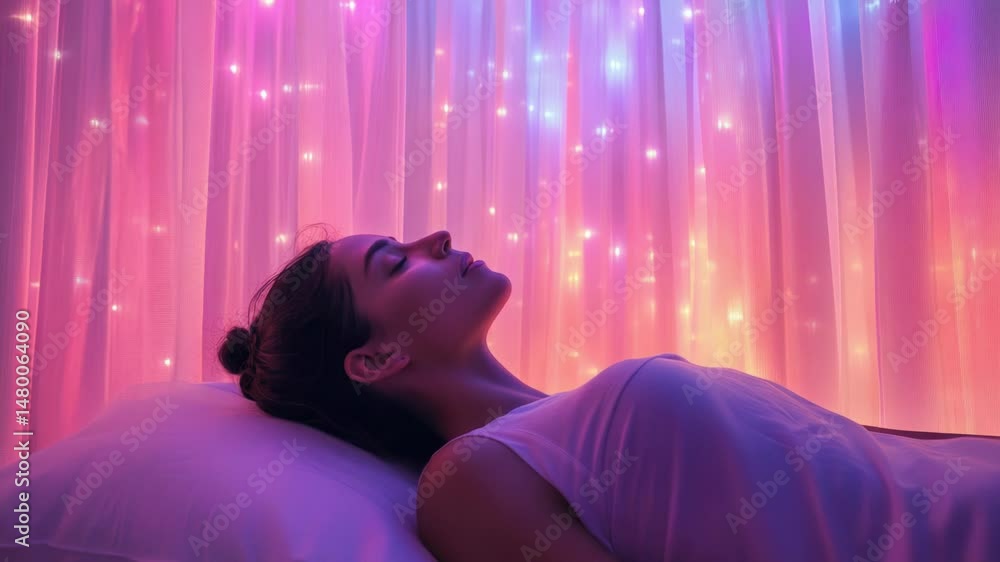 Aufkleber a person lying down on a bed with eyes closed, great for use in personal or professional projects wh