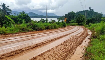 Obraz premium Wet Muddy Road Through Lush Green Landscape Near Scenic Lake