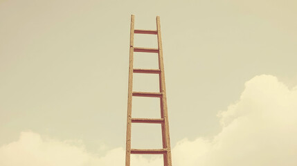 A wooden ladder ascends into a pastel sky with clouds