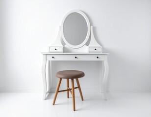 Vanity White vanity with an oval mirror, small drawers, and stool against white backdrop