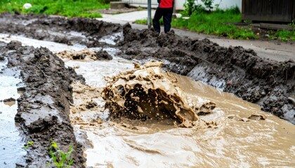 Water Splashing Through Muddy Street During Heavy Rainfall Event